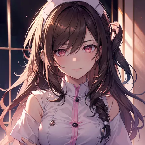 a beautiful detailed portrait of a shoulder length hair nurse aide, with no hat, large breasts, in an anime style, high resolution, photorealistic, dramatic chiaroscuro lighting, intricate details, piercing gaze, ominous aura, beautiful brown eyes, sharp f...