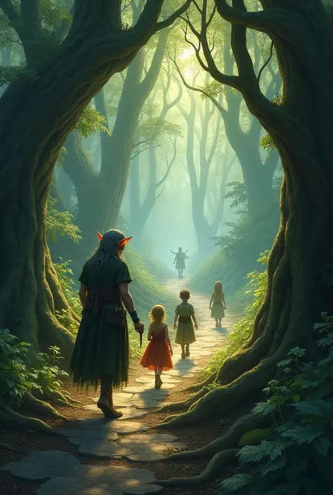 A mysterious forest path with towering trees and thick roots creating a natural labyrinth. An elf with pointed ears leads two children, a  and a , through the dense woods. The elf moves confidently, while the children follow closely behind, still appearing...