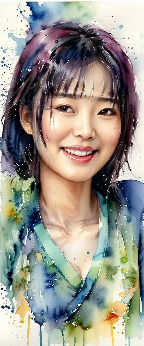 masterpiece,Japanese woman,(Watercolor splashes、Oozing、Blurry、Blotting、Effective use of fading techniques),(smile),kodew