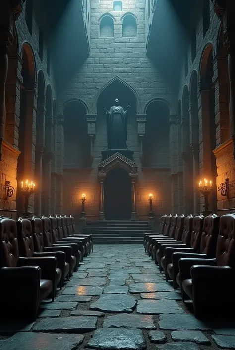 A huge large room with several long castle chairs, illuminated only by the dim light of a few torches