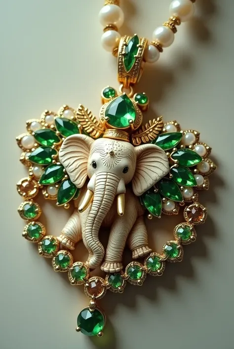 A pendent with elephant and green stones with white pearl and white khakha moti 
