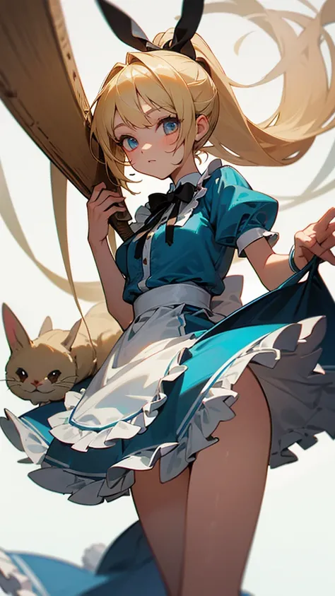 high resolution、Perm blonde、ponytail、Black ribbon on head、simple light blue dress、White frills on the skirt。
A girl like Alice in Wonderland。Fantasy、A girl with a giant rabbit character from Alice in Wonderland。