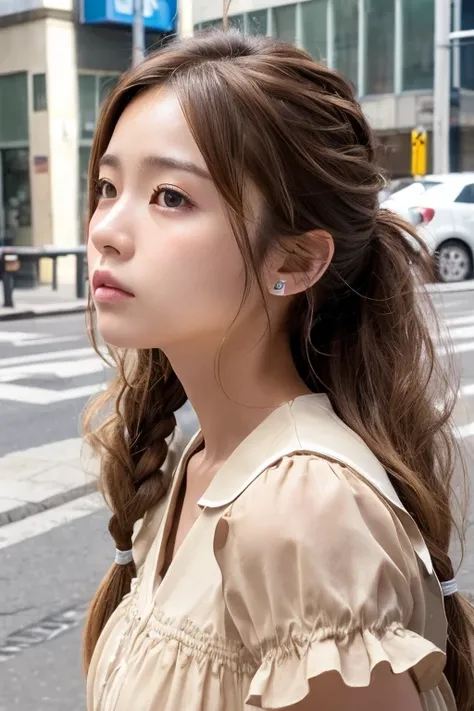 (((masterpiece))), ((photo realistic:1.55)), full body, Japanese girl,,((broad jawline)),puffy face, twin braids, light brown hair,(((messy hair))),Tiered mini dress, Frowning, street, from bottom