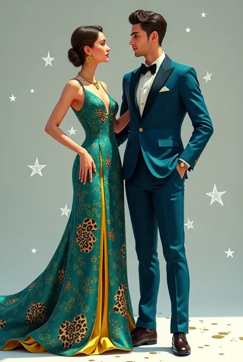 formal set. blue colors, green and yellow. Leopard print details in some parts. gold accents. white stars. Female and male version.