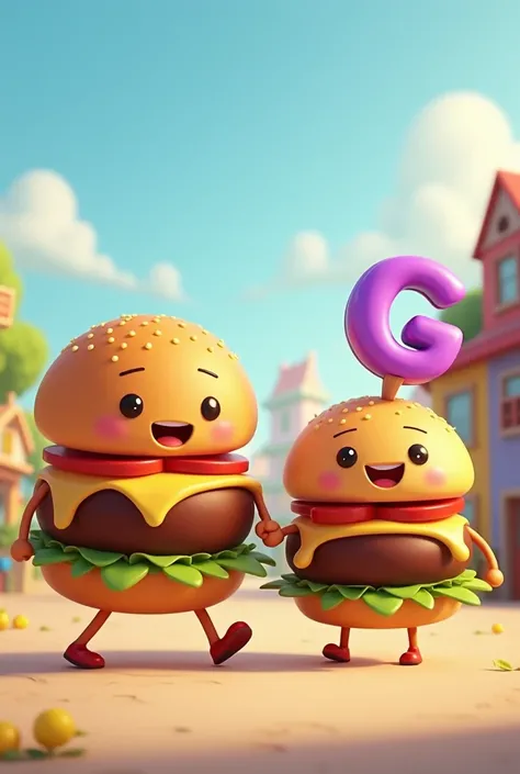 Create an image of an animated hamburger walking hand in hand with a smaller hamburger that looks happy and has a stick with the purple letter G on its head that is not skinny.