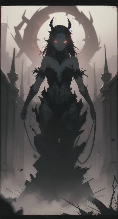 Foggy ancient ruins, ancient female creature, demonic silhouette, succubus shadow figure, red eyes, eyes in the fog, rotting, looking dead, torn wings, 