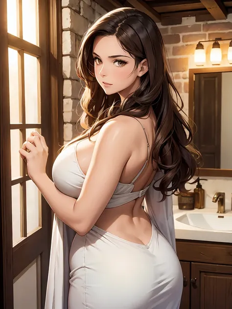 voluptuous woman with a curvy body, in a bathroom in a medieval village, She is wearing peasant clothes, depth of field, Shot from the front, angle elevation, Her hair is wavy brown, with brown eyes  (((take it from behind))) ) (((Whole body))