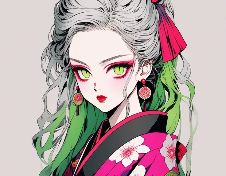 (Highest quality, sketch:1.2),Authenticistic,Illustrator,anime,1 girl, Detailed lips,custom,,Neon Hair,Texture Clipping,masterpiece, style: Retro Classic, Dark Black、Gray Hair、Silver Hair、Fair skin、Pink lips、Kimono with tank top、Red eyeshadow on the outer ...