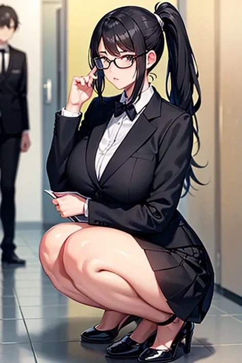 Adult woman, black hair, ponytail, teacher, formal suit, miniskirt, glasses, notebook in right hand, company hallway, large breasts, squatting to show panties, serious expression