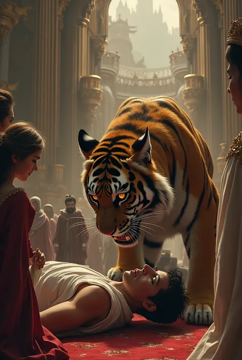 Make an average sized tiger devouring a brown-haired man, while from a tribune a long-haired brown-haired princess, he sees it with sadness. (A king and his kingdom are witnessing it too)