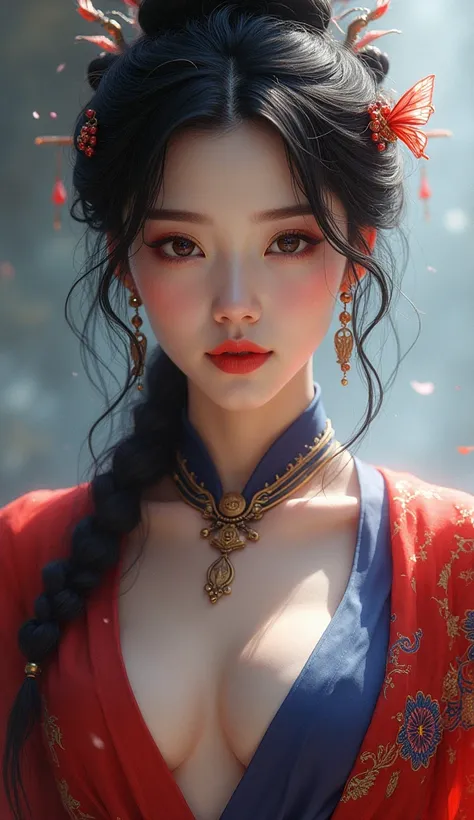 araffe asian woman in a red and blue outfit posing for a picture, a photorealistic painting by Lü Ji, cgsociety, fantasy art, nico robin, dilraba dilmurat, beautiful asian woman