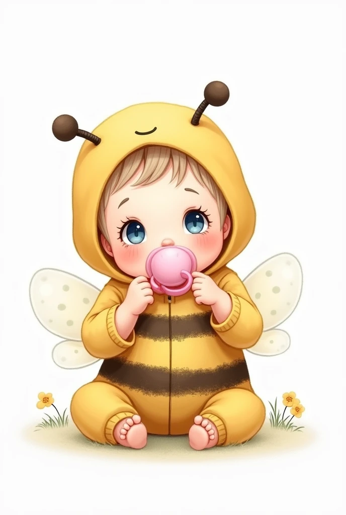 Little baby sitting in bee clothes with pink pacifier, Whole body, blue eyes, light brown hair and little in drawing 