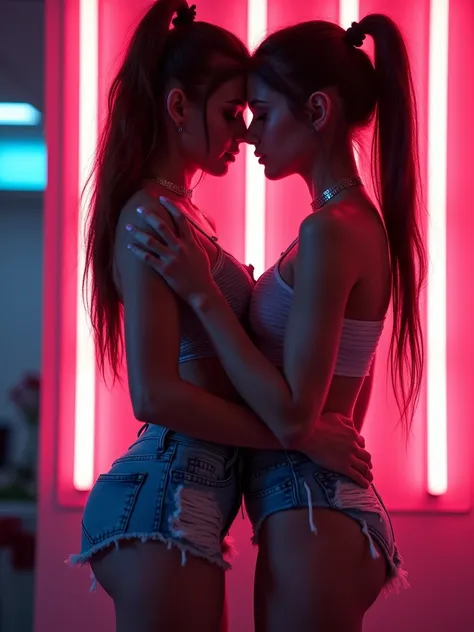 cyberpunk teen girl having butt intercorse, detailed neon light background,large penis  eraction, entering in girls butt, busty girl,large butt