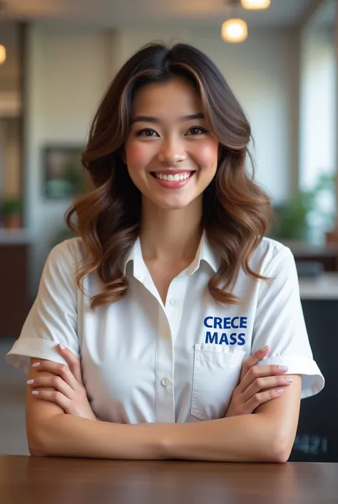 Create a realistic image of a young lady in a white shirt . That on the chest it is written in capital letters and blue : "CRECE MASS" in the right pocket. In addition, the young lady is sitting with her arms crossed in a financial institution.. With wavy ...