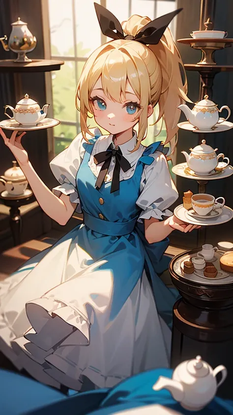 high resolution、Perm blonde、ponytail、Black ribbon on head、simple light blue dress、White frills on the skirt。
A girl like Alice in Wonderland。Fantasy、Having a tea party in Alice in Wonderland。Lots of cakes、Black tea、Beautiful tea cup、Large Teapot