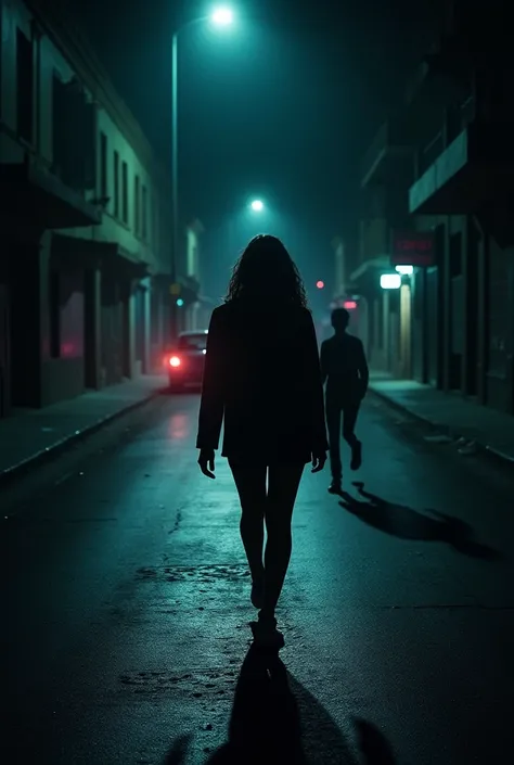 A woman walking alone on a dark and deserted street in the city of La Paz... (Bolivia). She turns around and sees a shadow of a man. Now mainly do a close-up of his running feet reflecting the urgency of the situation