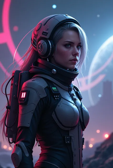 Lucy from cyberpunk in a spacesuit looking straight ahead