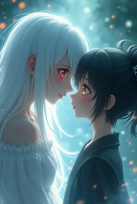 A white-haired, red-eyed spirit woman whispering into the ear of a black-haired, yellow-eyed anime girl