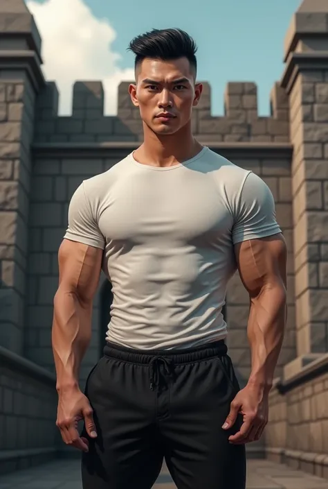 man,Diamond face shape,Have muscles,Black drop cut hairstyle,Thai person,black pants,white t-shirt,Standing in front of the city wall