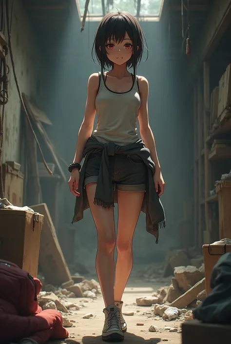 Anime girl in tank top and shorts with sweater tied around waist in an apocalypse gathering supplies in a room 