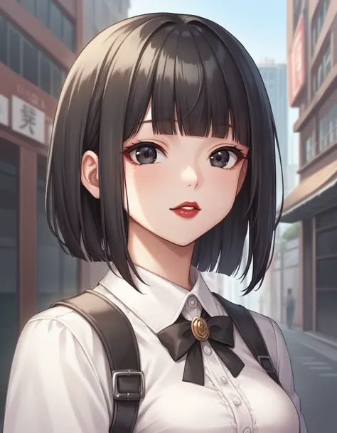 (score_8, score_8_up,source_anime,masterpiece,highest quality,Perfect Anatomy,Exquisite detailed:1.1)1 girl,cute face,Japanese,small eyes,black eyes,black hair,bob cut,blunt bangs,red lips,medium breasts,city