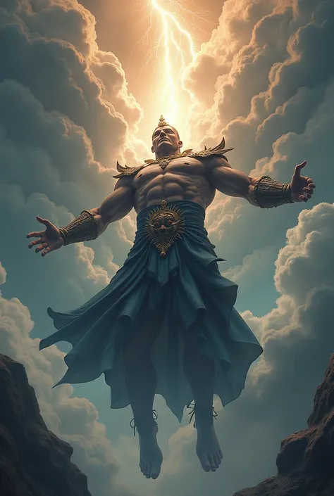 A giant male god from Japanese mythology falling from the sky, face up and with his legs spread apart　A composition looking up from directly below　Lightning is bursting