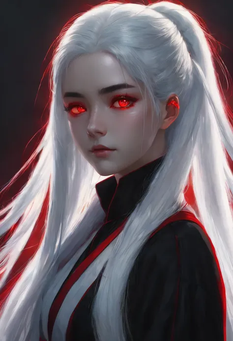 White hair，Bblack hair，colored hair，shorth hair，slickedback hair，White hair long braid，eerie glowing red eyes，Student X Red（focusing），