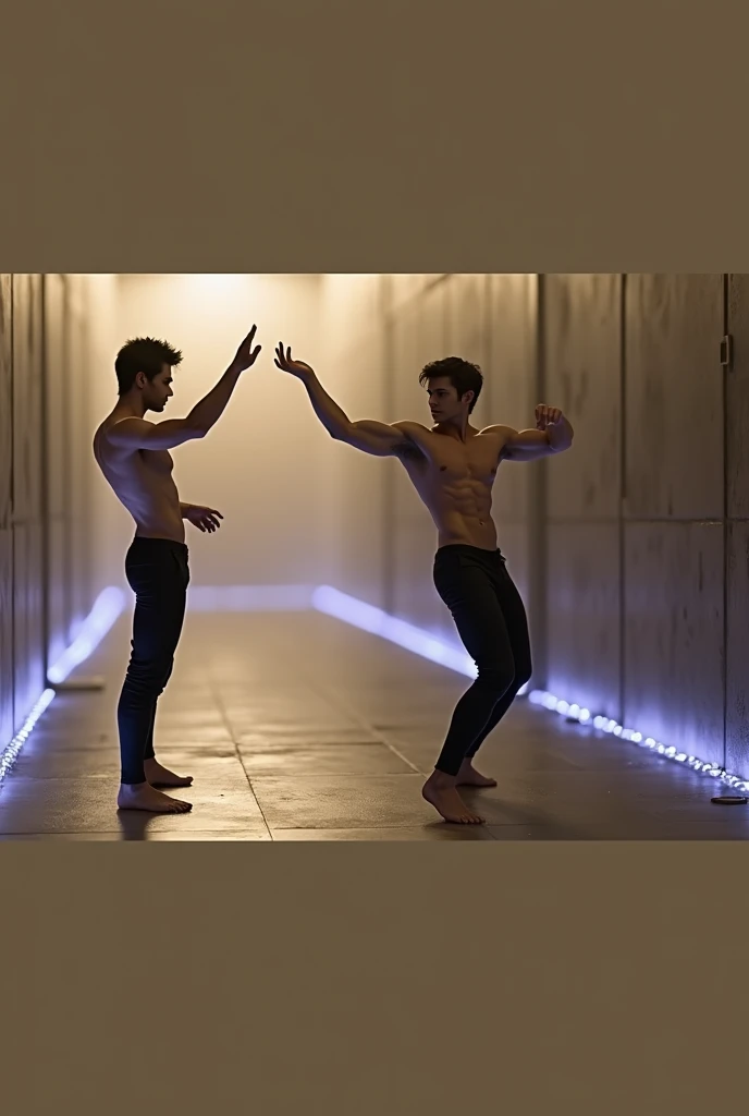 A handsome slim man shirtless in black pants against the wall