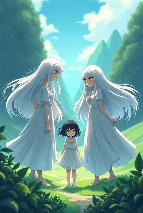 A spirit woman with white hair and red eyes and another spirit woman with white hair and green eyes following a girl with black hair and yellow eyes anime