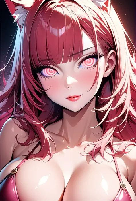 1girl,  spiral eyes (masterpiece), best quality, highly detailed face, dark background, tits, bare tits, big boobs, (SHARP details), 4k, highly detailed, expressive eyes, SHARP detail expressive eyes, (SHARP detail perfect face), (cat ears), cat girl),maro...