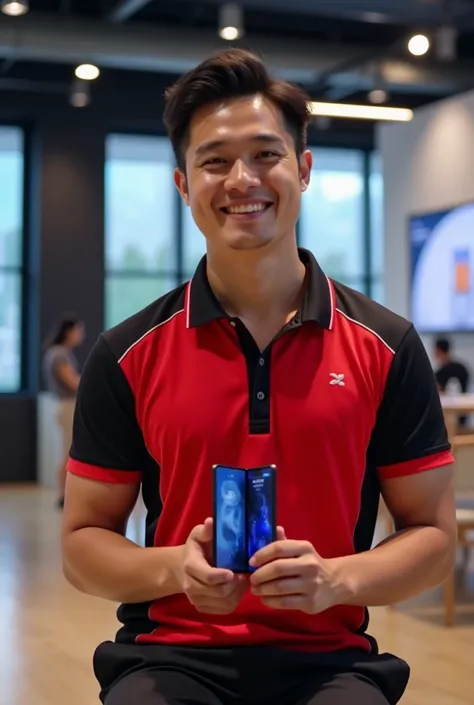 Filipino sales person wearing red and black polo shirt holding a samsung z fold6 sitting with confidence and smile. Please make this in size view and landscape 