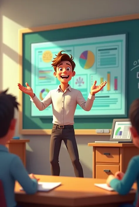 Animated image of male teacher explaining a presentation on classroom wall