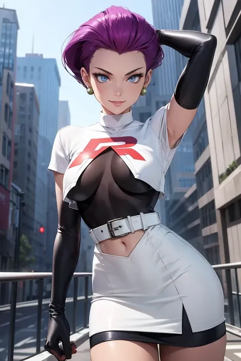 masterpiece, Stunning realistic, Best Quality, sharpness, 1 girl ,pokemon jessie, Alone, Team Rocket, gloves, slicked back hair, by the wide, jewelry, Skirt, belly button, thighs, earrings, elbow gloves, Team Rocket uniform, crop top, blue eyes, diaphragm,...