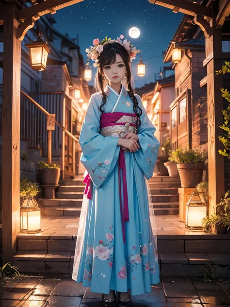 Highest quality, expensive_solve, clear_image, Detailed Background ,girl, Hanbok,flower,garden,moon, night,