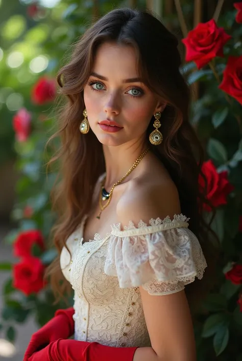 Young girl Jennifer connelly young girl 1 model long hair Brow n blue eyes dress corset white lace red gloves long gold earrings diamonds in patio roses makeup black stripe long blue eyeshadow 