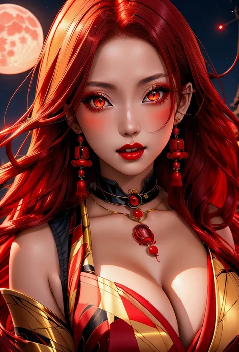 Create a beautiful red night with a red moon, red hair, yellow eyes, young beautiful japanese girl, cleavage, busty,
