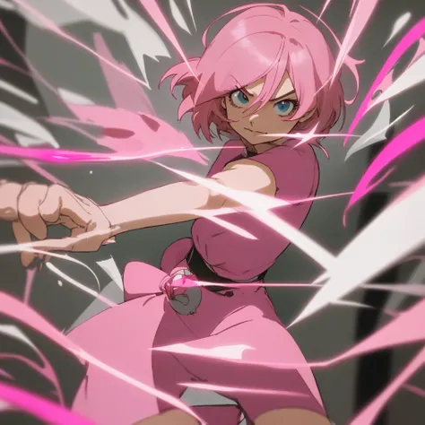 Create a short half long pink hair anime character punching the screen