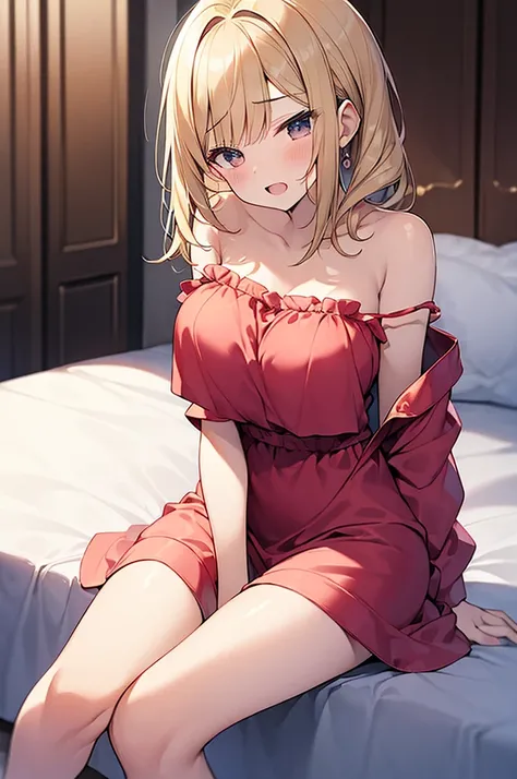 (Masterpiece, Top quality:1.5), sitting on the bed, (1 beautiful girl, solo:1.2), (short height:1.3), (Satin Nightgown and Matching Robe:1.3), (strap slip:1.2), Blonde hair:1.1, medium Hair, wavy Hair, asymmetry bangs, swept bangs, airy hair, large breasts...