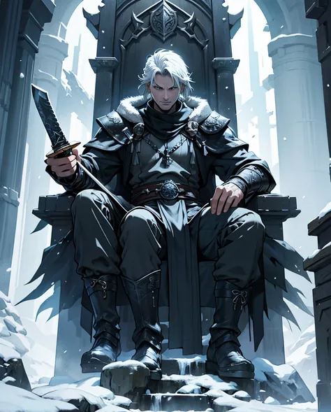 Please create a high-definition cover for my novel with a domineering man holding a huge sword in both hands and sitting on the throne with legs open.，This is its introduction：Winter is coming，The fate of Skyrim hangs by a thread。The Thalmor&#39;s cavalry ...