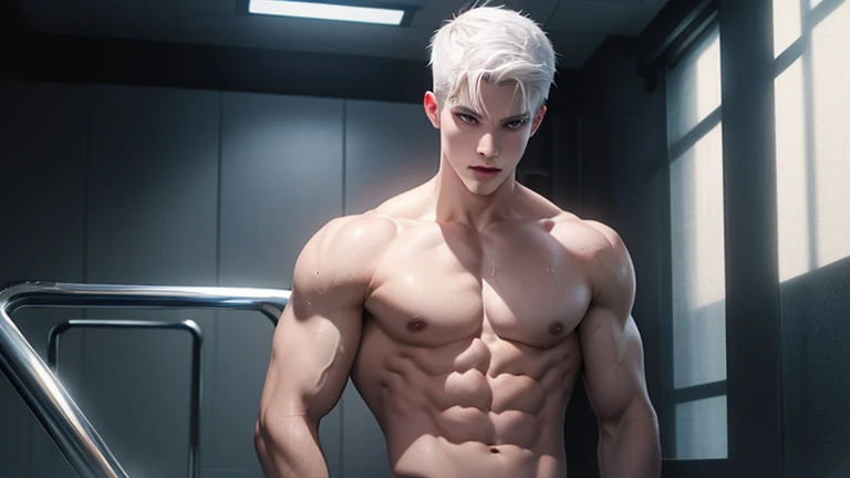 Young boy with white hair，White skin，Handsome，The triangle is wet, So I took half of it..，裸上半身Soak in milk，Show off your six-pack abs and pectoral muscles，It&#39;s covered with water droplets，Soak in milk，纖細長腿Soak in milk，There is a big protrusion from bel...