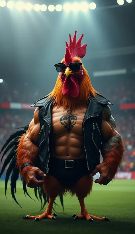 rooster bird in the spotlight, muscular, puffy chest, open black vest, black tattoo, in a soccer stadium, with rayban, fans in the background, black smoke in the air