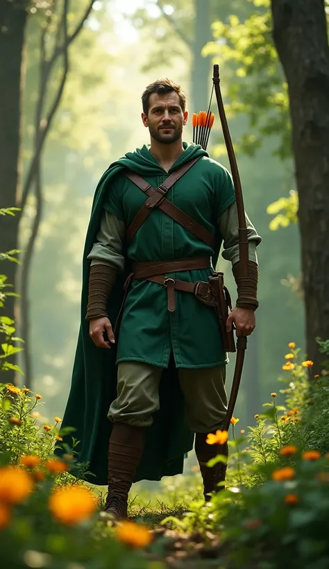 Close-up shot, Low angle shot, (A tall, lean man with sharp features and a confident smile stands in the midst of Sherwood Forest, his green tunic blending with the lush foliage. His eyes are bright and full of mischief, with a hint of defiance. He carries...