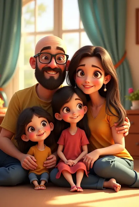 Pixar-like image of a family with 1 bald dad, with black-framed glasses and a beard, 1 mom with brown hair and 2 daughters, One of them was about  and the other was 1., both with long black hair 