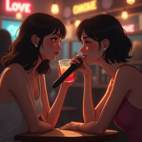 A woman gazes dreamily at her girlfriend singing karaoke while sipping a drink