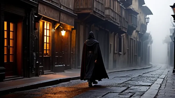 "A character walking through a deserted medieval city street at night, with old stone buildings lining the narrow cobblestone path. The character wears an all-black medieval outfit, including a long, flowing cape that nearly touches the ground. The figures...