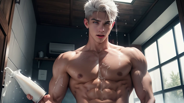 A young boy with white hair，fair skin，handsome，The triangle briefs are wet, so I took half of them off.，裸上半身Soaked in milk，Showing six-pack abs and chest muscles with water droplets on them，Soaked in milk，纖細長腿Soaked in milk，There is a big protrusion from b...