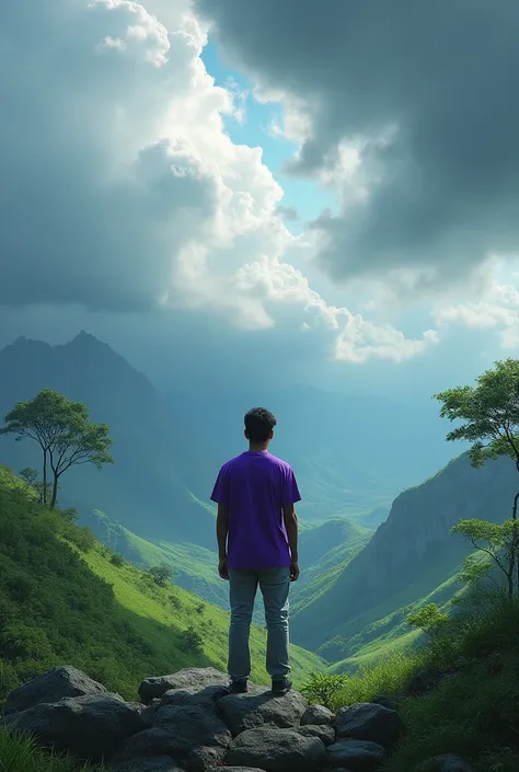 The image depicts a person standing on a rocky outcrop amidst lush greenery. The individual is facing slightly to the right, with their back towards the camera. They are wearing a purple t-shirt and light grey pants. The background showcases a vast, verdan...