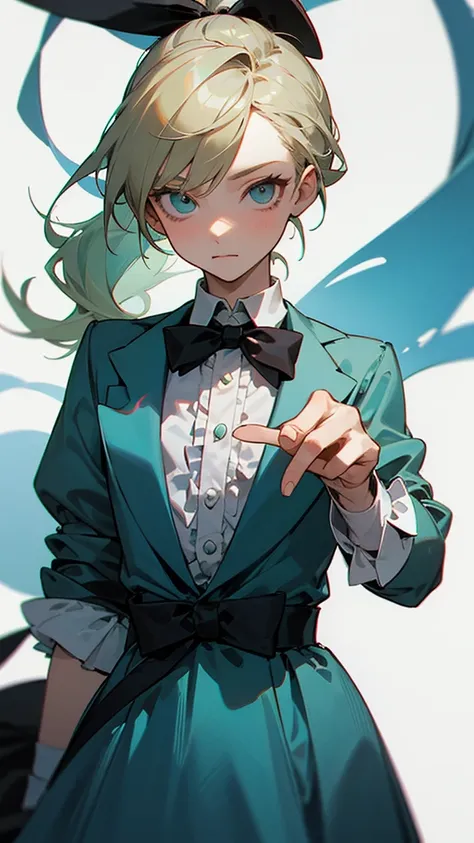 high resolution、Perm blonde、ponytail、Black ribbon on head、simple light blue dress、White frills on the skirt。
A girl like Alice in Wonderland。Fantasy！The Mad Hatter, a male character from Alice in Wonderland。Wearing a big green top hat、Gray Hair、Orange Tuxe...