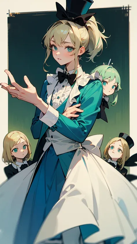 high resolution、Perm blonde、ponytail、Black ribbon on head、simple light blue dress、White frills on the skirt。
A girl like Alice in Wonderland。Fantasy！The Mad Hatter, a male character from Alice in Wonderland。Wearing a big green top hat、Gray Hair、Orange Tuxe...