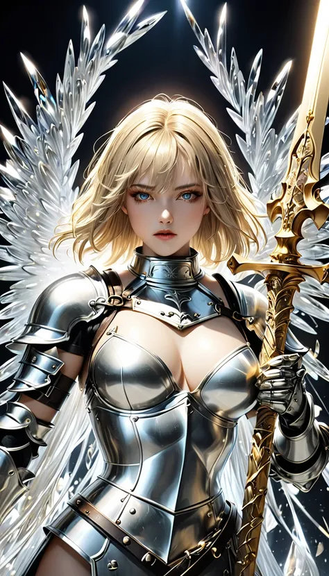 beautiful Joan of Arc, with very short messy boyish blonde hair, gold piercing gaze, glamorous proportions, wearing armor and sacred sword that are works of sculptural art carved from pearl platinum crystal, background wide variety punks, (ultra detailed, ...